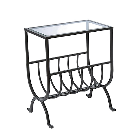Monarch Specialties Rectangular Tempered Glass and Metal Accent Side Table with Magazine Rack, Stardust Brown