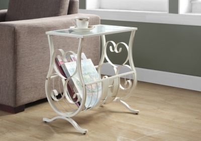 Monarch Specialties Accent Table, Antique White Metal with Tempered Glass