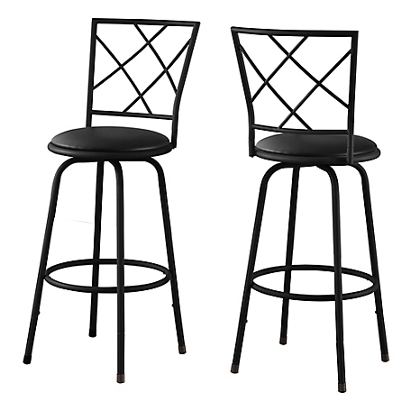 Monarch Specialties Swivel Bar Stools with Crisscross Backrests, Black/Black Leather-Look Seat, 2 pc.
