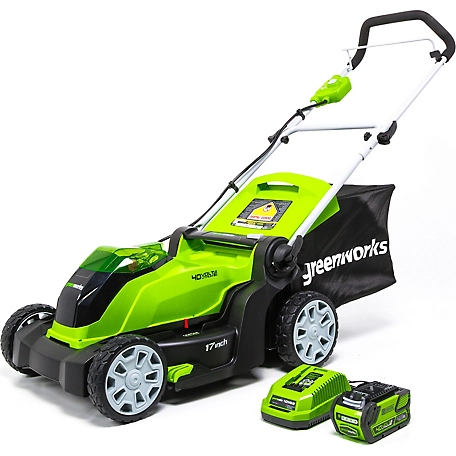 Greenworks 17 in. 40V Cordless Electric MO40B411 G-MAX 2-in-1 Push Lawn Mower, 4Ah Battery and Charger Included