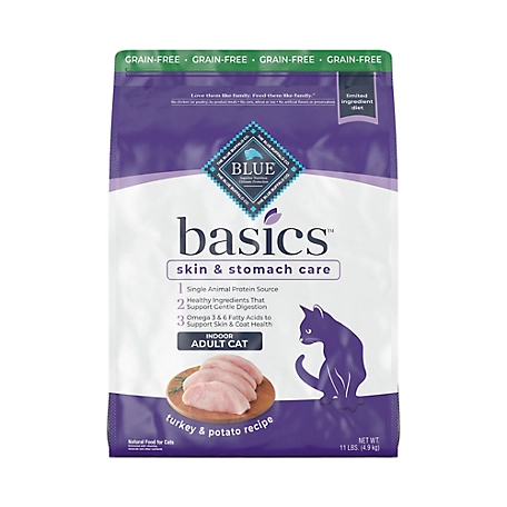 Blue Buffalo Basics Skin & Stomach Care Grain Free, Natural Indoor Adult Dry Cat Food, Turkey & Potato