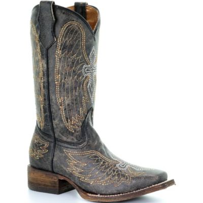 Corral Youth Black/Silver/Gold Wing and Cross Square Toe Boots, 10 in. H Shaft, 1-1/2 in. H Heel