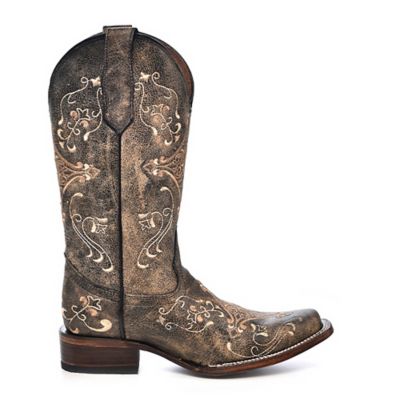 Image showing  Women's Crackled Embroidered Print Square Toe Boots