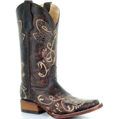 Corral Dragonfly Embroidery Square Toe Boots, Distressed Brown/Bone