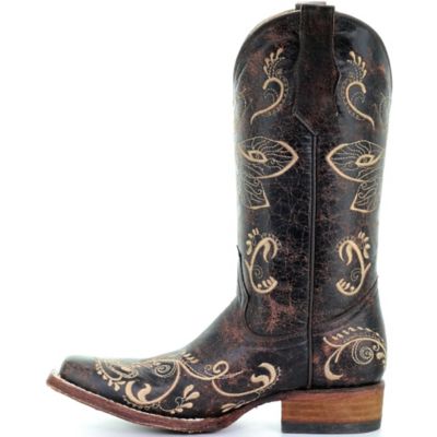Image showing  Women's Dragonfly Embroidery Square Toe Boots, Distressed Brown/Bone