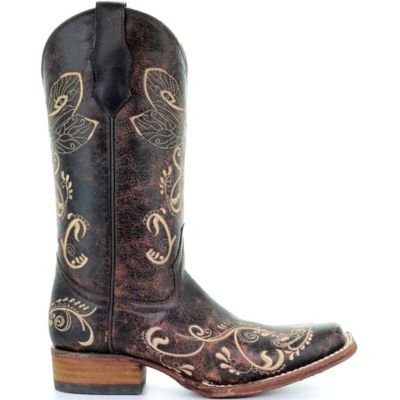 Image showing  Women's Dragonfly Embroidery Square Toe Boots, Distressed Brown/Bone