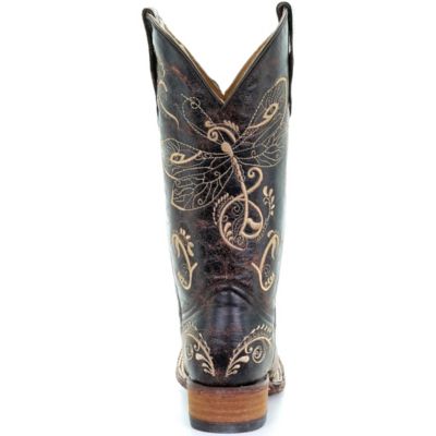 Image showing  Women's Dragonfly Embroidery Square Toe Boots, Distressed Brown/Bone