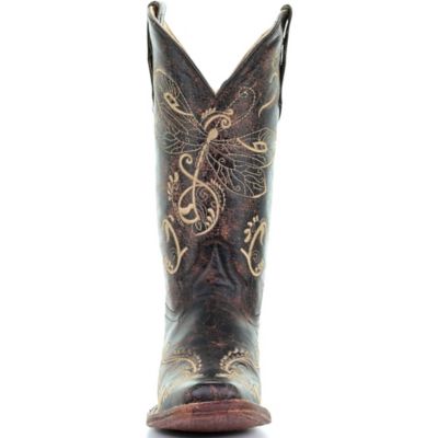 Image showing  Women's Dragonfly Embroidery Square Toe Boots, Distressed Brown/Bone