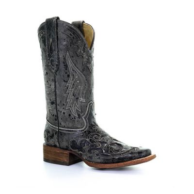 Corral Vintage Python-Inlay Square Toe Boots, Black Inlay
