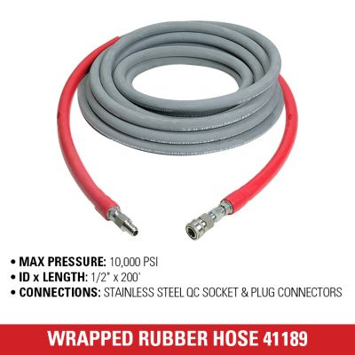 Image showing  1/2 x 200 ft. x 10,000 PSI Wrapped Rubber Cold/Hot Water Pressure Washer Hose, Double Steel-Braided Jacket, 41189