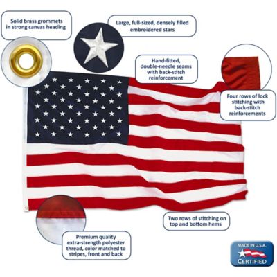 Image showing  American Flag with Sewn Stripes, Embroidered Stars and Brass Grommets, 5 ft. x 8 ft., Tough-Tex