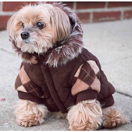 Pet Life Argyle Style Insulated Designer Patterned Suede Dog Jacket with Hood