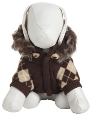 Image showing  Argyle Style Insulated Designer Patterned Suede Dog Jacket with Hood