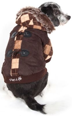 Image showing  Argyle Style Insulated Designer Patterned Suede Dog Jacket with Hood
