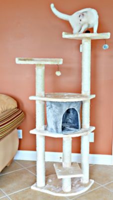 Image showing 3 th Armarkat 64 in. Real Wood Cat Tree With Sractch Sisal Post, Soft-side Playhouse, A6401, Almond