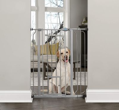 Carlson Extra Tall Pressure-Mounted Metal Pet Gate with Pet Door, 29 in. to 39 in., Platinum