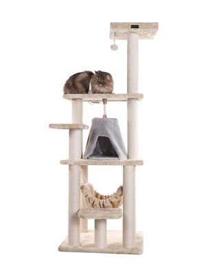 Image showing  65 in. Real Wood Cat Tree with Sisal Rope, Hammock and Soft-Side Playhouse, Beige/Silver