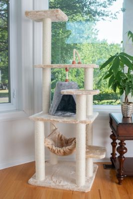 Image showing  65 in. Real Wood Cat Tree with Sisal Rope, Hammock and Soft-Side Playhouse, Beige/Silver