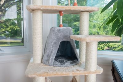 Image showing  65 in. Real Wood Cat Tree with Sisal Rope, Hammock and Soft-Side Playhouse, Beige/Silver
