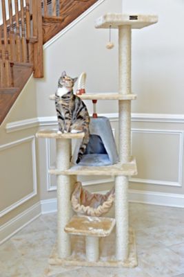 Image showing  65 in. Real Wood Cat Tree with Sisal Rope, Hammock and Soft-Side Playhouse, Beige/Silver