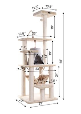 Image showing 5 th Armarkat 65 in. Real Wood Cat Tree with Sisal Rope, Hammock and Soft-Side Playhouse, Beige/Silver