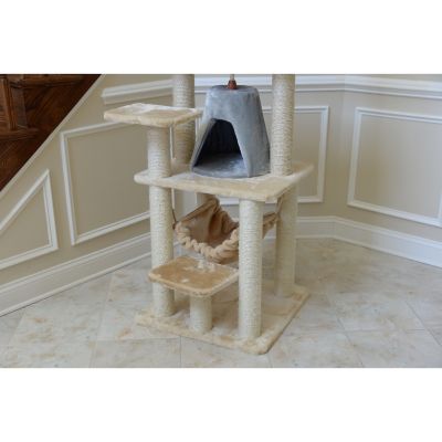 Image showing 6 th Armarkat 65 in. Real Wood Cat Tree with Sisal Rope, Hammock and Soft-Side Playhouse, Beige/Silver