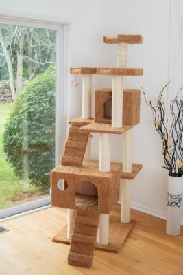 Image showing  74 in. Large Multi-Level Real Wood Cat Tree with Scratching Posts and Large Platforms, Ochre Brown