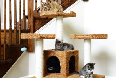Image showing  74 in. Large Multi-Level Real Wood Cat Tree with Scratching Posts and Large Platforms, Ochre Brown