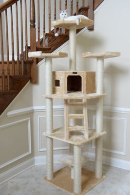 Image showing  80 in. Multifunction Real Wood Cat Tower with Spacious Condo and Perches, Beige