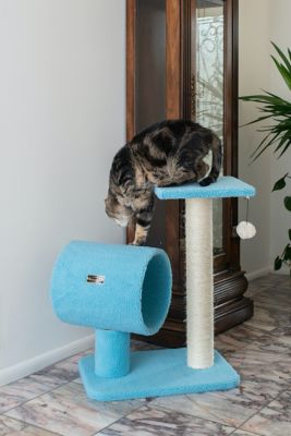 Image showing  26 in. Real Wood Cat Tree with Scratcher and Tunnel for Privacy and Hiding, Sky Blue