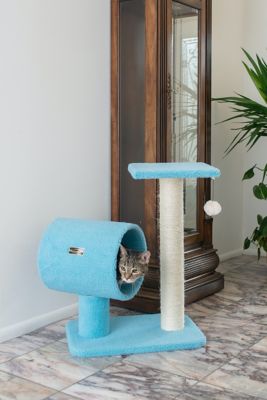 Image showing  26 in. Real Wood Cat Tree with Scratcher and Tunnel for Privacy and Hiding, Sky Blue