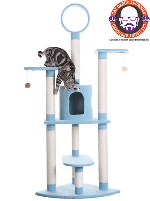 Armarkat 65-Inch Classic Real Wood Cat Tree In Sky Blue, Five Levels With Perch, Condo, Hanging Tunnel