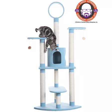 Armarkat 65-Inch Classic Real Wood Cat Tree in Sky Blue Five Tiers with Perch Condo Hanging Tunnel Cat Trees & Condos