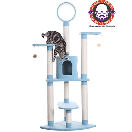 Armarkat 65 in. Classic Real Wood Cat Tree In Sky Blue, Five Levels with Perch, Condo, Hanging Tunnel