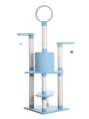Image showing  65-Inch Classic Real Wood Cat Tree In Sky Blue, Five Levels With Perch, Condo, Hanging Tunnel
