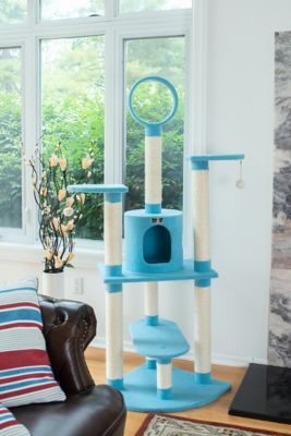 Image showing  65-Inch Classic Real Wood Cat Tree In Sky Blue, Five Levels With Perch, Condo, Hanging Tunnel