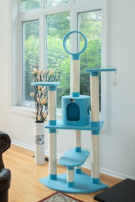 Image showing  65-Inch Classic Real Wood Cat Tree In Sky Blue, Five Levels With Perch, Condo, Hanging Tunnel