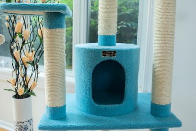 Image showing  65-Inch Classic Real Wood Cat Tree In Sky Blue, Five Levels With Perch, Condo, Hanging Tunnel