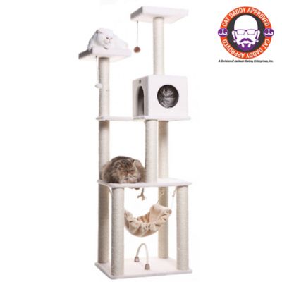Armarkat 73 in. 4-Tier Classic Real Wood Cat Tree with Rope Swing, Hammock, Condo and Perch, Ivory, Jackson Galaxy Approved