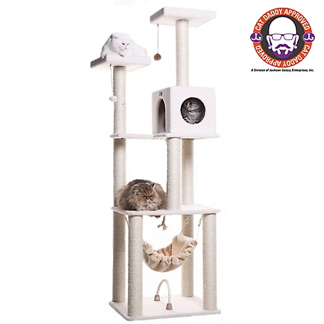 Armarkat 73 in. 4-Tier Classic Real Wood Cat Tree with Rope Swing, Hammock, Condo and Perch, Ivory, Jackson Galaxy Approved