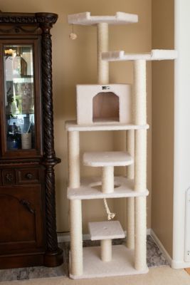 Image showing  B7801 Classic Real Wood Cat Tree In Ivory, Six Levels With Playhouse and Rope SwIng