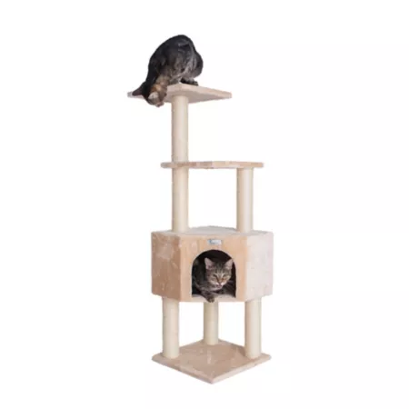 GleePet 48" Beige Real Wood Cat Tree with Perch and House Cat Trees & Condos