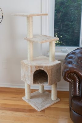 Image showing  48 in. Real Wood Cat Tree In Beige with Perch And Playhouse