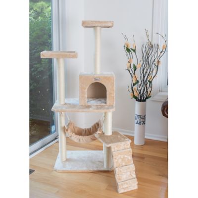 Image showing  57 in. Real Wood Cat Tree in Beige with Perches, Running Ramp, Condo and Hammock