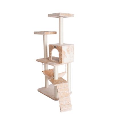 Image showing 5 th GleePet 57 in. Real Wood Cat Tree in Beige with Perches, Running Ramp, Condo and Hammock