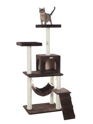 GleePet 57 in. Real Wood Cat Tree in Coffee Brown with 4 Levels, Ramp, Hammock and Condo