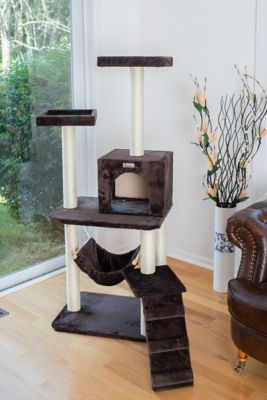 Image showing  57 in. Real Wood Cat Tree in Coffee Brown with 4 Levels, Ramp, Hammock and Condo