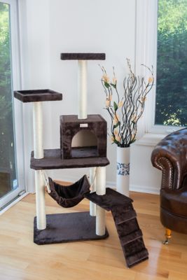 Image showing  57 in. Real Wood Cat Tree in Coffee Brown with 4 Levels, Ramp, Hammock and Condo