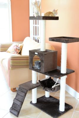 Image showing  57 in. Real Wood Cat Tree in Coffee Brown with 4 Levels, Ramp, Hammock and Condo