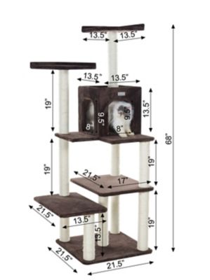 Image showing 5 th GleePet Real Wood Cat Tree In Coffee Brown with Four Levels, 66 in., Two Perches, Condo
